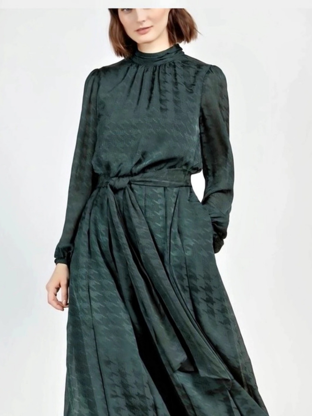Ted Baker London Size 8 Deep Green Chiffon Midi Dress Belted Long Sleeve Pockets